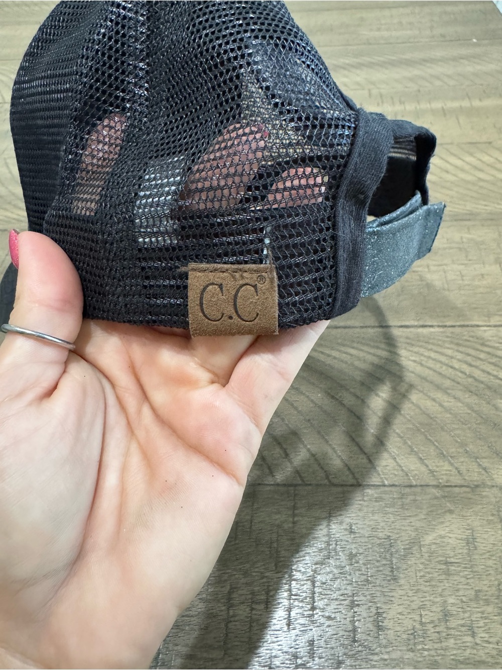 C.C Black Mesh Trucker Hat with Tan Leather Logo Patch